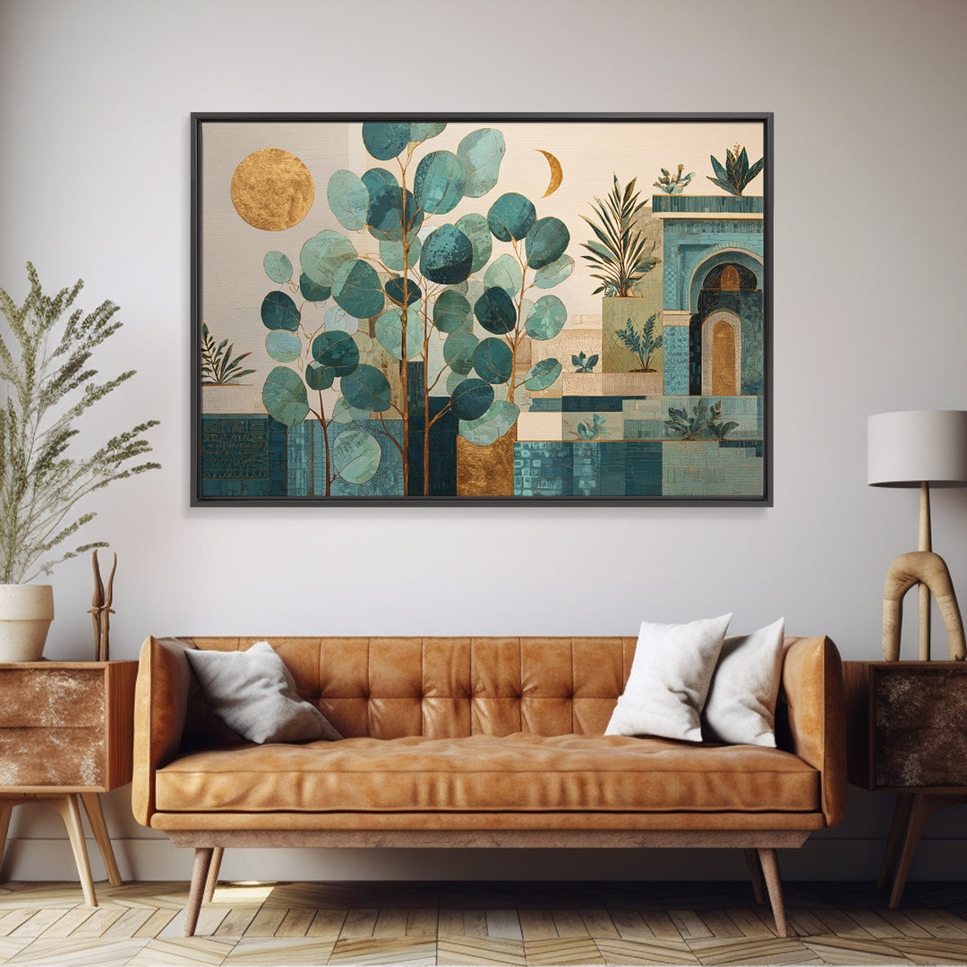 Sage Green Eucalyptus and Crescent Moon Canvas Print, Boho Art, Art Print, Living Room Decor, Fine Art, Bohemian, Digital Print, BOH-3x2-51