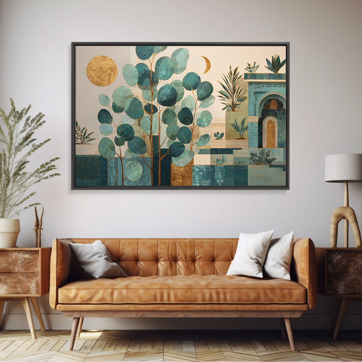 Sage Green Eucalyptus and Crescent Moon Canvas Print, Boho Art, Art Print, Living Room Decor, Fine Art, Bohemian, Digital Print, BOH-3x2-51