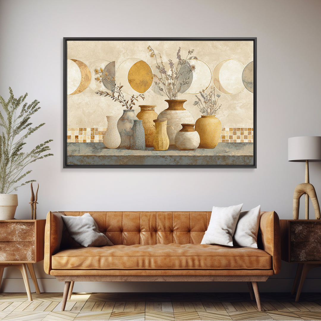 Moon Phases Above Botanical Silhouettes Framed Canvas Print, Boho Art, Boho Wall Art, Living Room Decor, Fine Art, Bohemian, BOH-3x2-6