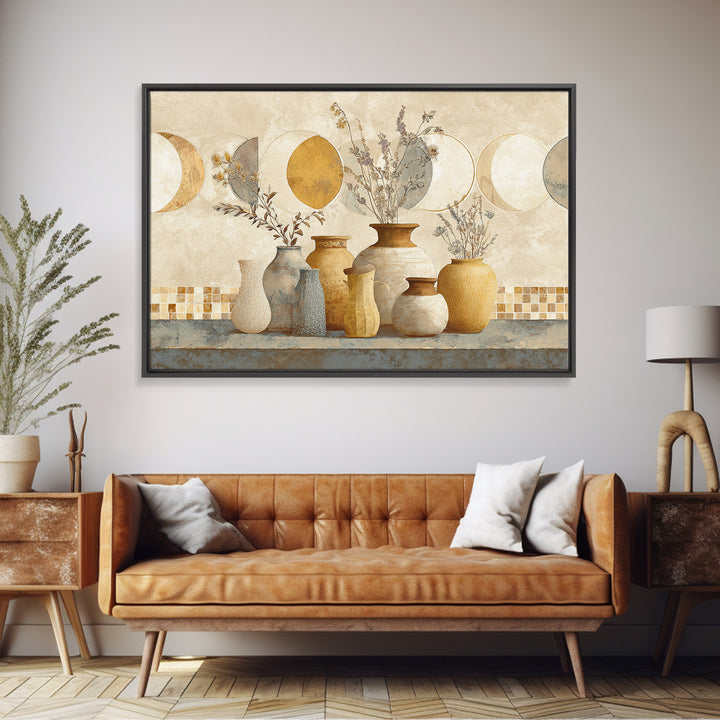 Moon Phases Above Botanical Silhouettes Framed Canvas Print, Boho Art, Boho Wall Art, Living Room Decor, Fine Art, Bohemian, BOH-3x2-6
