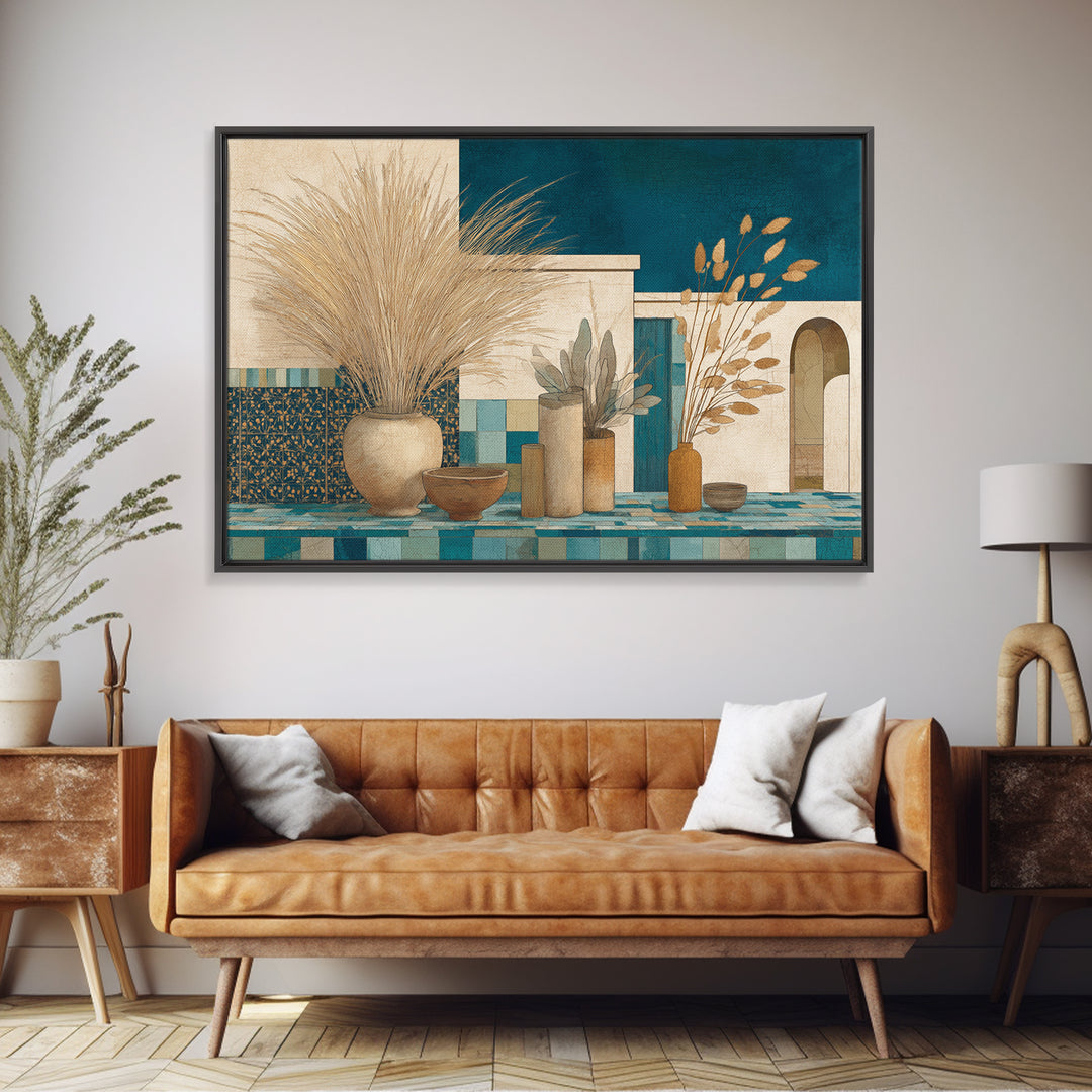 Bohemian Vase with Dried Pampas Grass Canvas Print, Boho Art, Luxury Decor, Living Room Decor, Oil Painting, Bohemian, BOH-3x2-61