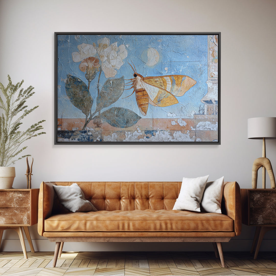Golden Moth with Moon and Stars Framed Canvas Print, Boho Art, Textured Painting, Living Room Decor, Fine Art, Bohemian, BOH-3x2-69