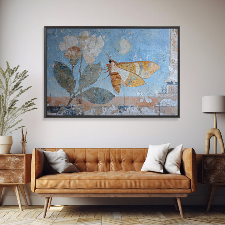 Golden Moth with Moon and Stars Framed Canvas Print, Boho Art, Textured Painting, Living Room Decor, Fine Art, Bohemian, BOH-3x2-69