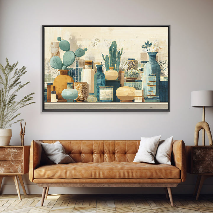 Warm Neutral Cactus Garden Illustration Framed Canvas Print, Boho Art, Boho Decor, Living Room Decor, Fine Art, Bohemian, BOH-3x2-70