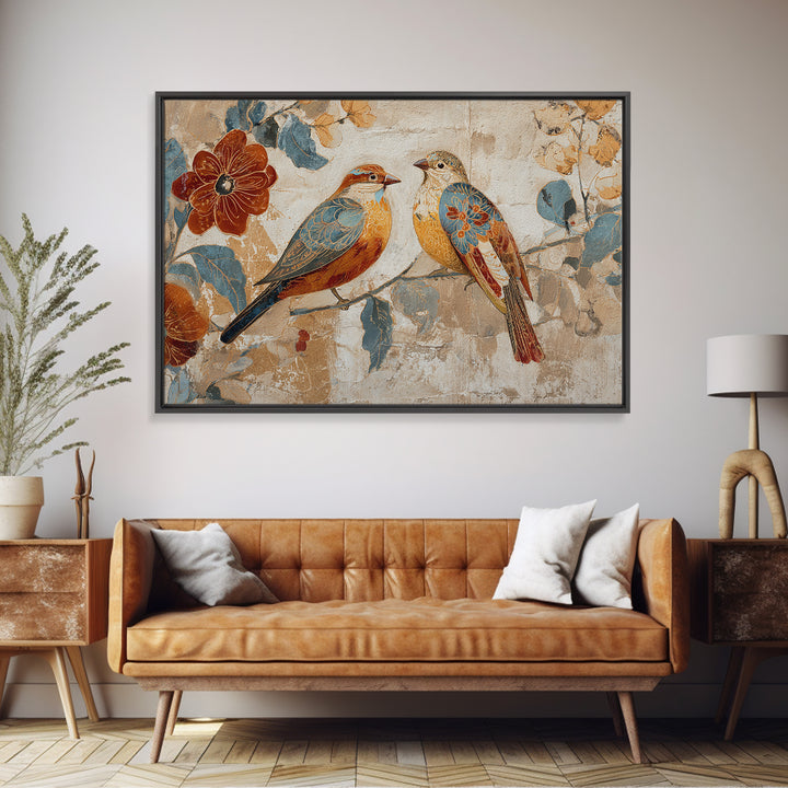 Boho Bird Pair Canvas Print, Boho Art, Mid Century Modern, Living Room Decor, Fine Art, Bohemian, Boho Wall Art, Garden Art, BOH-3x2-72