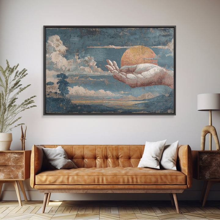 Mystic Hand Holding a Tiny Sun Framed Canvas Print, Boho Art, Statement Artwork, Living Room Decor, Oil Painting, Bohemian, BOH-3x2-82