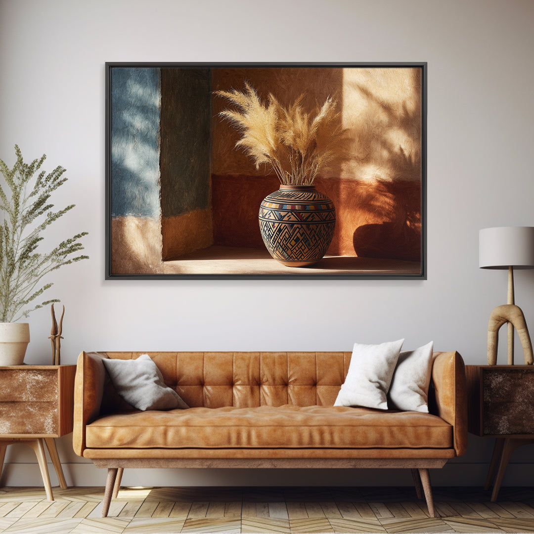 Bohemian Vase with Dried Pampas Grass Framed Canvas Print, Boho Art, Wall Art, Living Room Decor, Fine Art, Bohemian, BOH-3x2-85