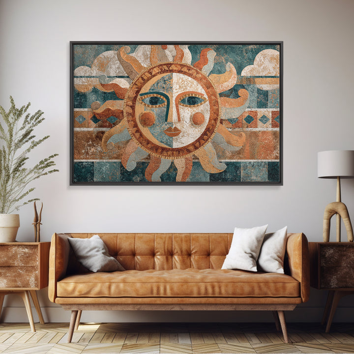 Sun and Moon Celestial Folk Motif Framed Canvas Print, Boho Art, Wall Art Set, Living Room Decor, Fine Art, Bohemian, BOH-3x2-86