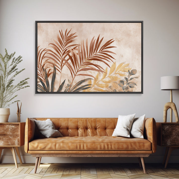Terracotta Palm Leaves Framed Canvas Print, Boho Art, Wall Art Set, Living Room Decor, Fine Art, Bohemian, Home Decor, BOH-3x2-9