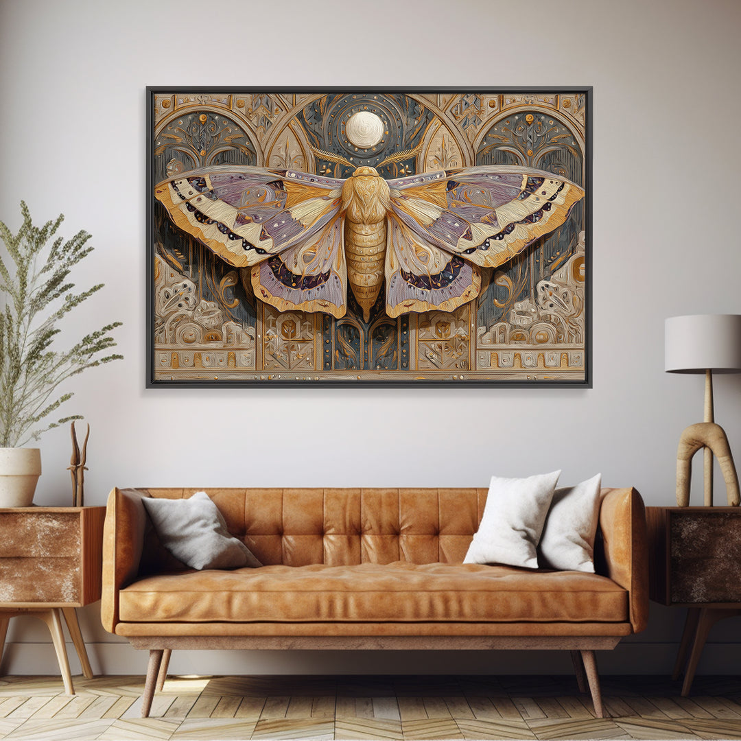 Golden Moth with Moon and Stars Canvas Print, Boho Art, Art, Living Room Decor, Fine Art, Bohemian, Wallart, Art Nouveau, BOH-3x2-93