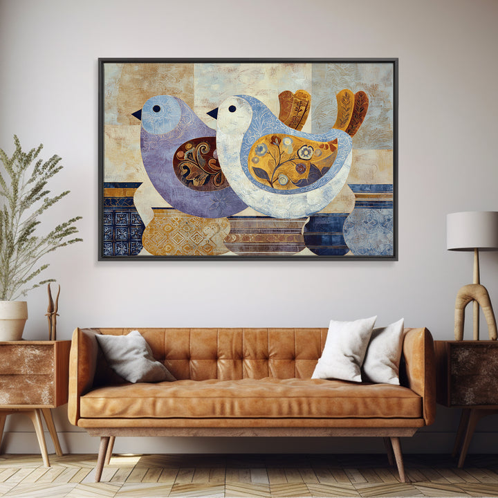 Boho Bird Pair Framed Canvas Print, Boho Art, Art Nouveau, Living Room Decor, Bohemian 596, Wall Print, Set of Prints, BOH-3x2-96