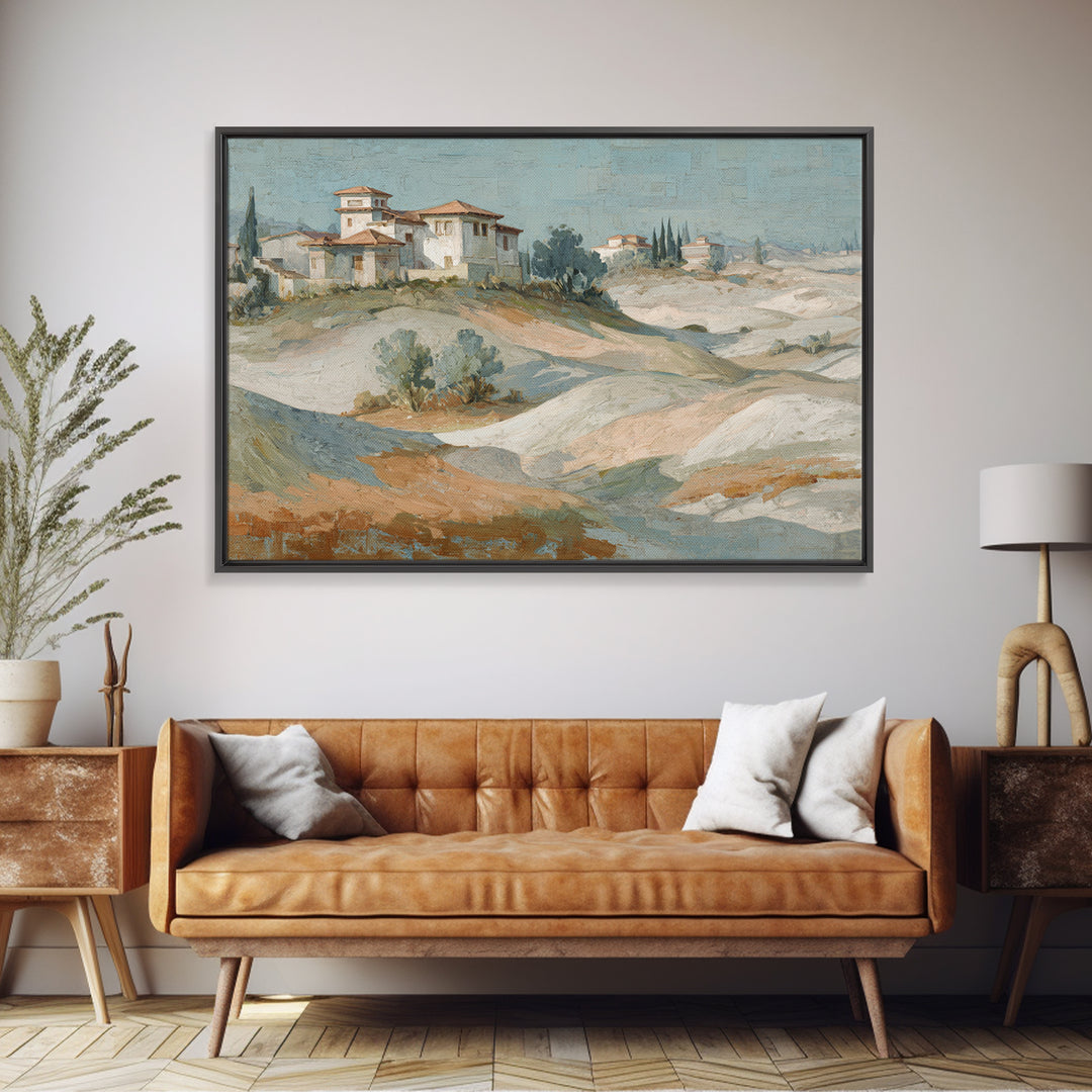 Sunrise over Rolling Dunes in Muted Peach Framed Canvas Print, Boho Art, Living Room Decor, Watercolor Art, Bohemian, BOH-3x2-97