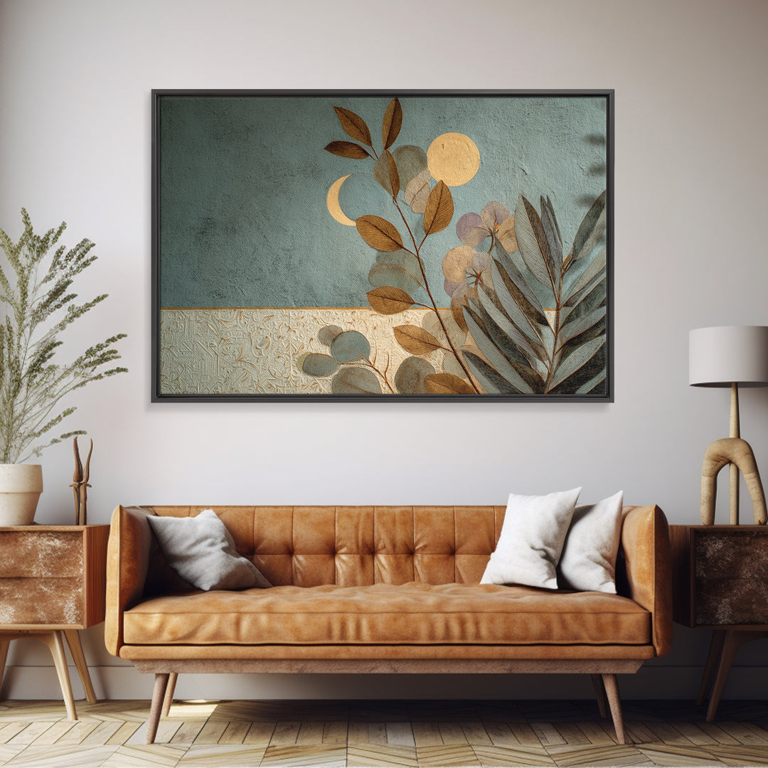 Sage Green Eucalyptus and Crescent Moon Framed Canvas Print, Boho Art, Garden Art, Living Room Decor, Fine Art, Bohemian, BOH-3x2-99