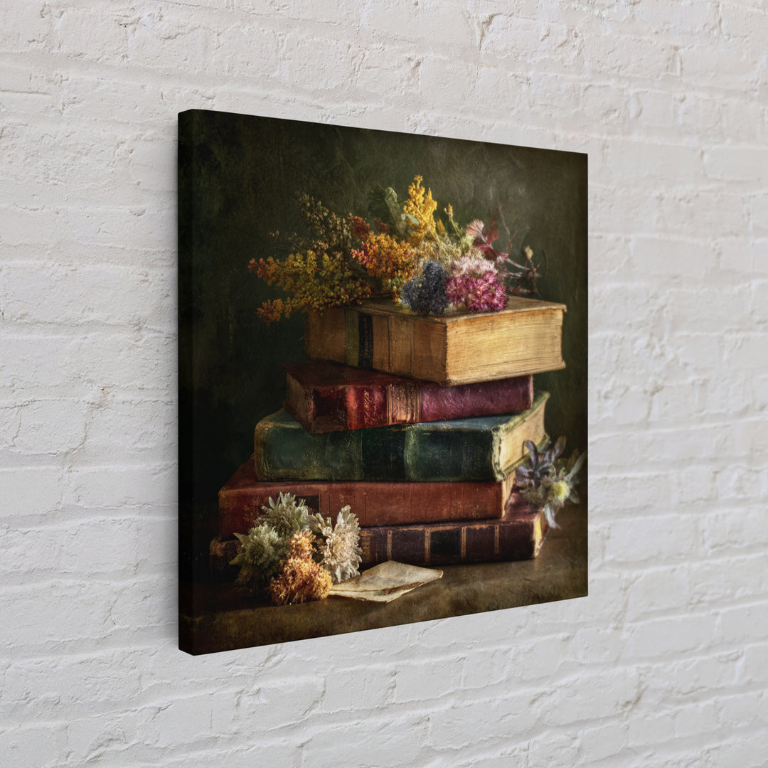 Stack of Antique Books Framed Canvas Print, Bookstore Art, Luxury Decor, Bookstore Decor, Fine Art, Literary, Pink Wall Art, BOO-1x1-73