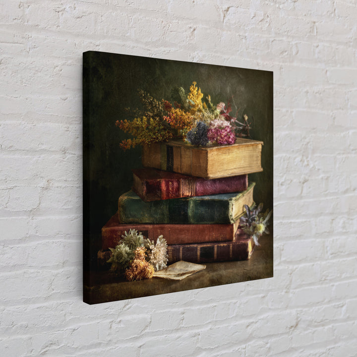 Stack of Antique Books Framed Canvas Print, Bookstore Art, Luxury Decor, Bookstore Decor, Fine Art, Literary, Pink Wall Art, BOO-1x1-73
