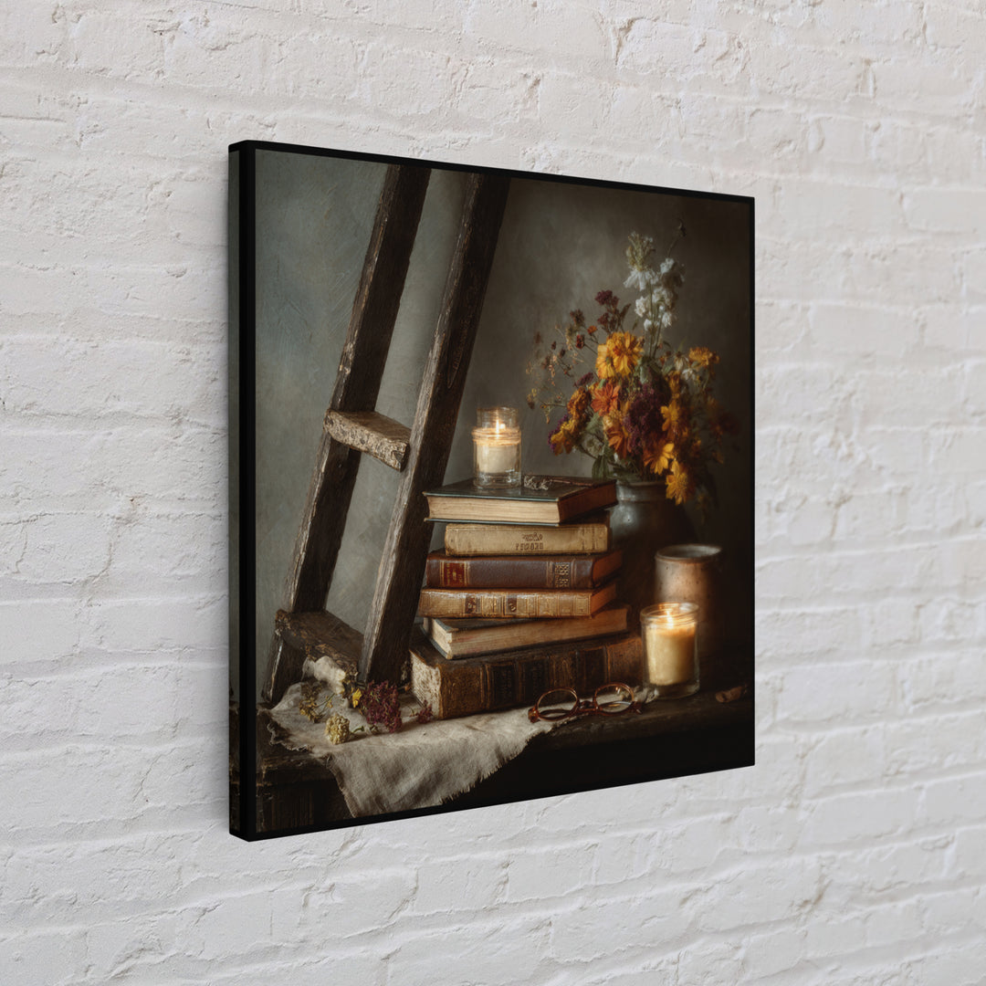Old Library Ladder and Books Framed Canvas Print, Bookstore Art, Gallery Decor, Bookstore Decor, Fine Art, Literary, BOO-1x1-78