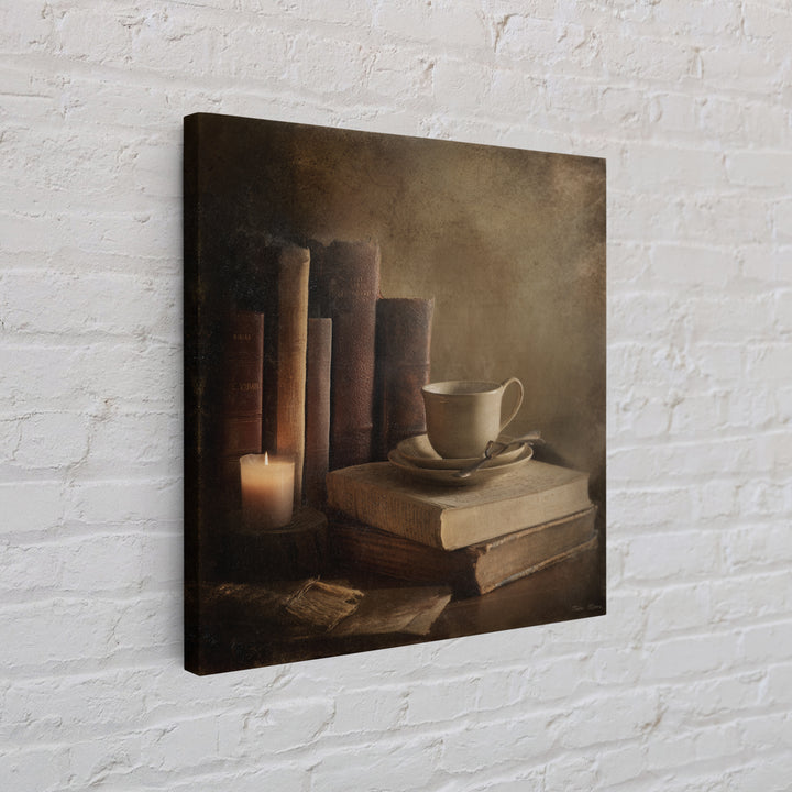 Teacup Beside a Worn Leather Bound Book Framed Canvas Print, Bookstore Art, Neutral Decor, Bookstore Decor, Fine Art, Literary, BOO-1x1-80
