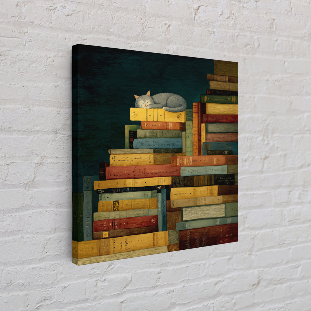 Cat Sleeping on a Pile of Novels Canvas Print, Bookstore Art, Statement Artwork, Bookstore Decor, Fine Art, Literary, BOO-1x1-98