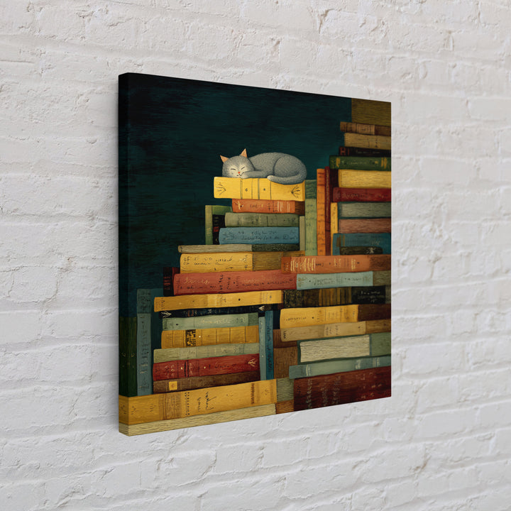 Cat Sleeping on a Pile of Novels Canvas Print, Bookstore Art, Statement Artwork, Bookstore Decor, Fine Art, Literary, BOO-1x1-98
