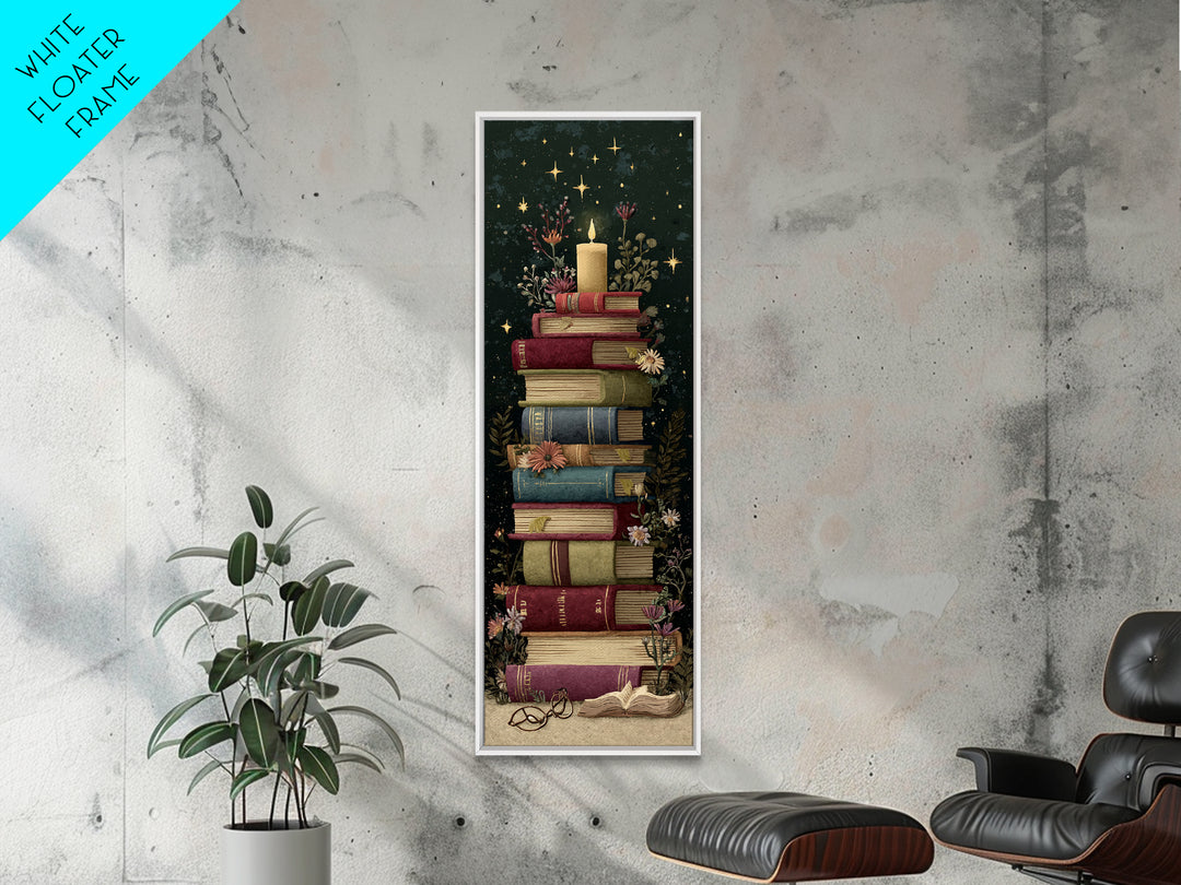 Moonlit Book with Tiny Stars Rising Framed Canvas Print, Bookstore Art, Modern Decor, Bookstore Decor, Fine Art, Literary, BOO-1x3-4