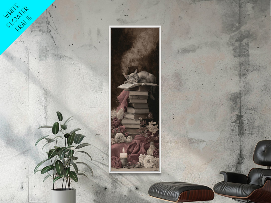 Cat Sleeping on a Pile of Novels Framed Canvas Print, Bookstore Art, Wall Decor, Bookstore Decor, Fine Art, Literary, BOO-1x3-62