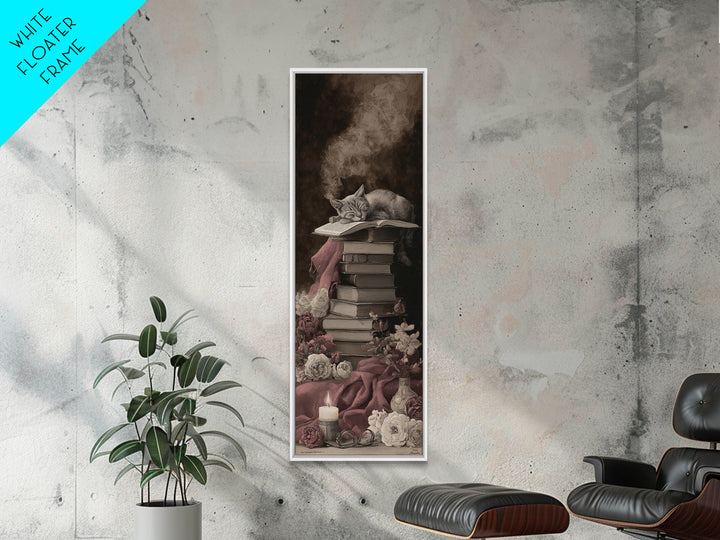 Cat Sleeping on a Pile of Novels Framed Canvas Print, Bookstore Art, Wall Decor, Bookstore Decor, Fine Art, Literary, BOO-1x3-62