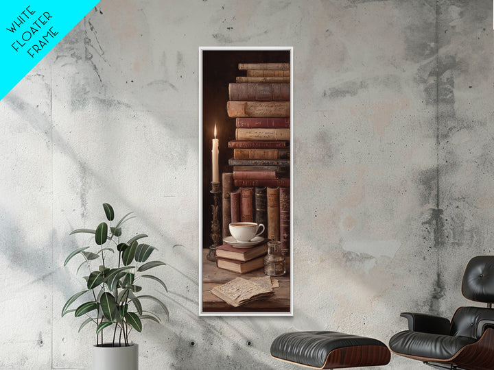 Teacup Beside a Worn Leather Bound Book Canvas Print, Bookstore Art, Library Decor, Bookstore Decor, Fine Art, Literary, BOO-1x3-68