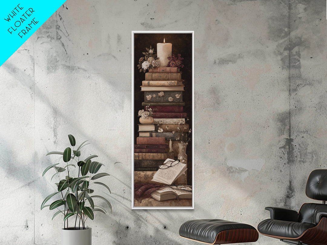 Botanical Bookmark and Open Pages Arrangement Framed Canvas Print, Bookstore Art, Downloadable Art, Bookstore Decor, Literary, BOO-1x3-96