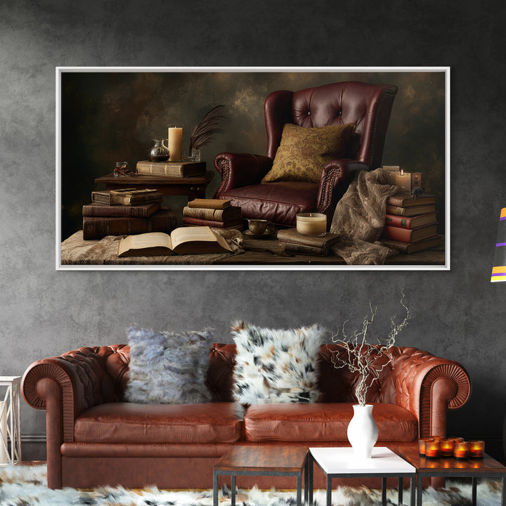 Cozy Reading Chair Still Life Without Room Framed Canvas Print, Bookstore Art, Painting, Bookstore Decor, Fine Art, Literary, BOO-2x1-25