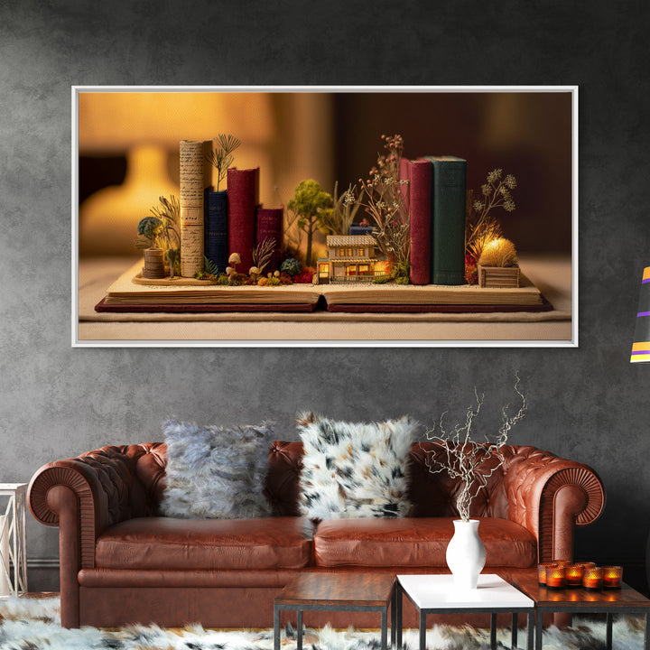 Miniature Garden Growing from an Open Book Canvas Print, Bookstore Art, Textured Painting, Bookstore Decor, Fine Art, Literary, BOO-2x1-66