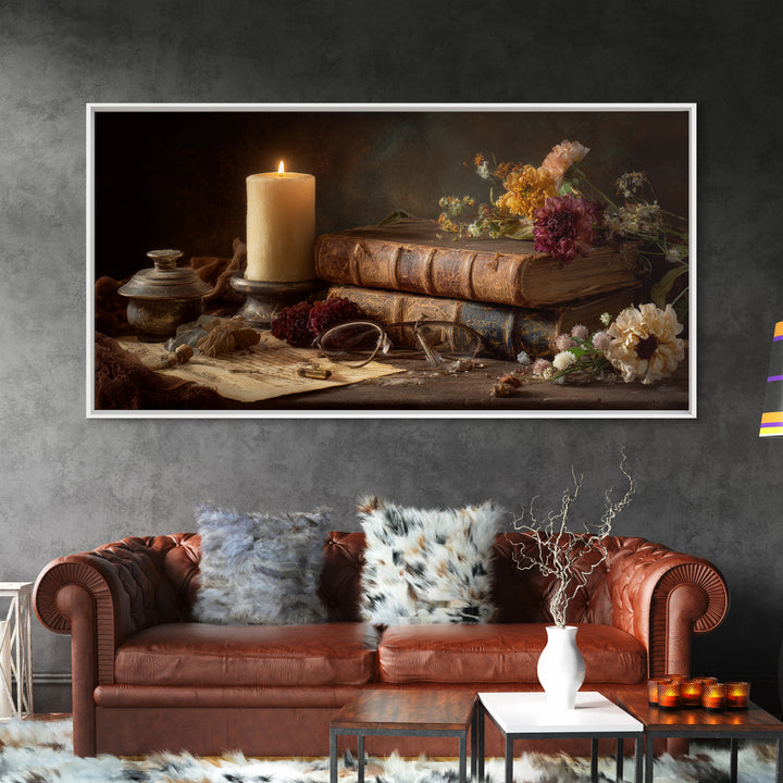 Dark Academia Candle and Book Still Life Canvas Print, Bookstore Art, Contemporary Art, Bookstore Decor, Fine Art, Literary, BOO-2x1-78