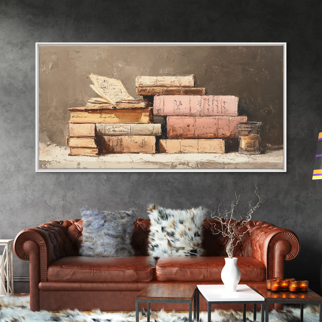 Warm Sepia Book Pile Framed Canvas Print, Bookstore Art, Book Art, Bookstore Decor, Oil Painting, Literary, Feminine Wall Art, BOO-2x1-92
