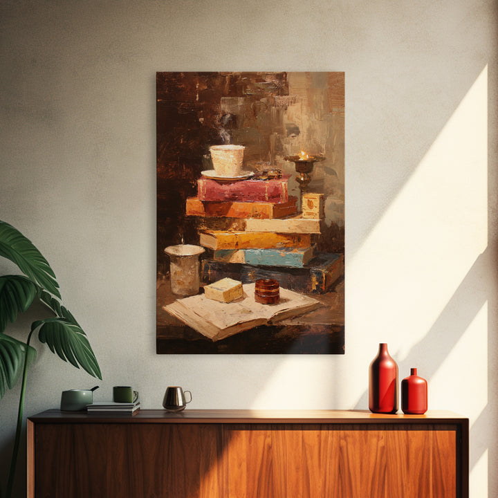 Rainy Day Reading Still Life Framed Canvas Print, Bookstore Art, Pink Wall Art, Bookstore Decor, Oil Painting, Literary, BOO-2x3-53