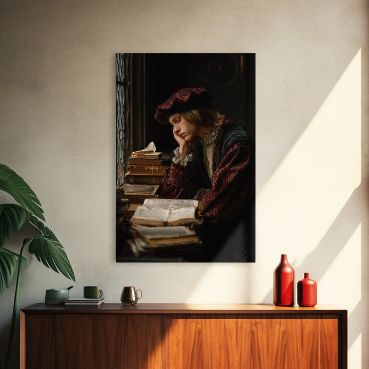 Renaissance Scholar Portrait Canvas Print, Bookstore Art, Autumn Decor, Bookstore Decor, Oil Painting, Literary, BOO-2x3-7