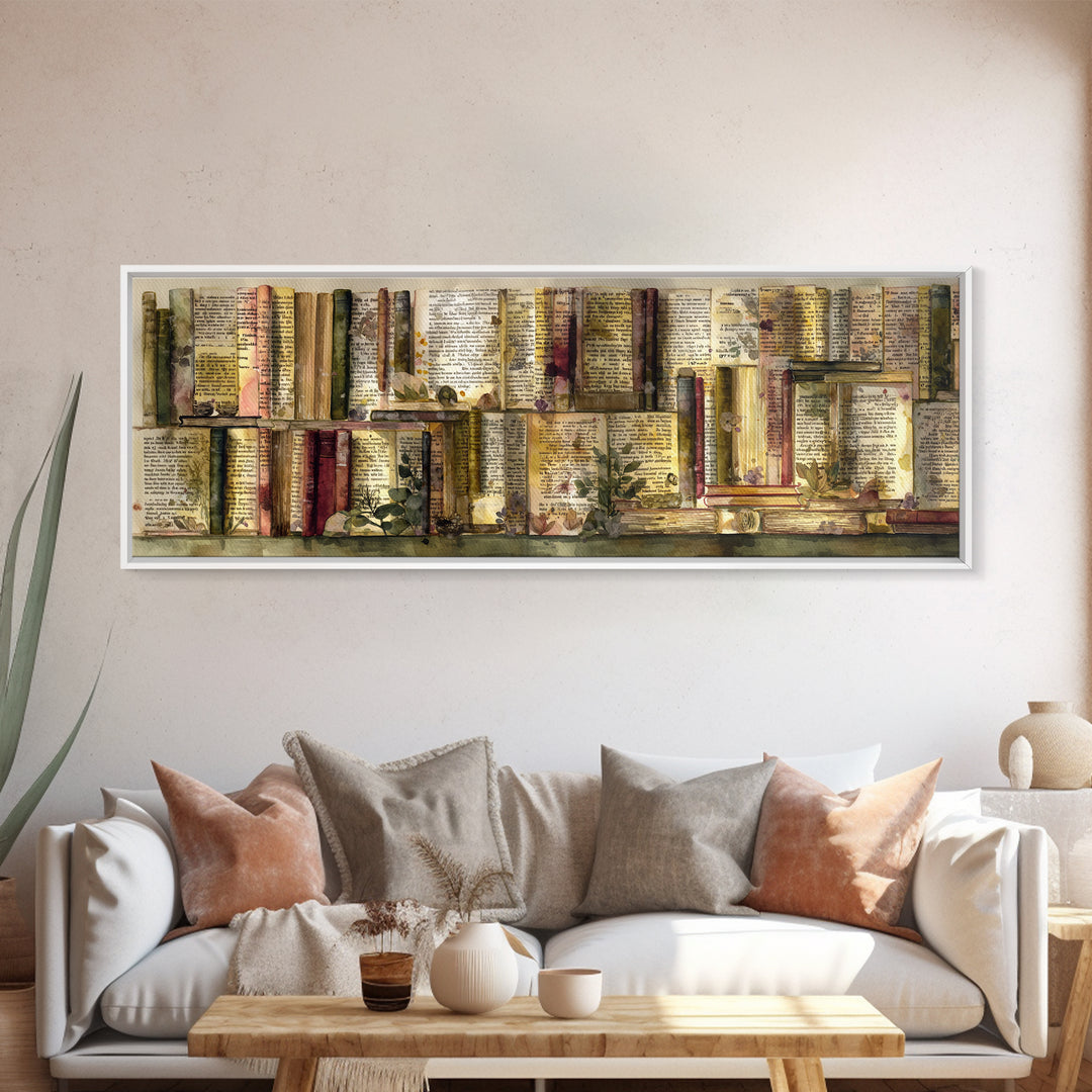 Pressed Flowers Between Book Pages Canvas Print, Bookstore Art, Luxury Decor, Bookstore Decor, Oil Painting, Literary, BOO-3x1-35
