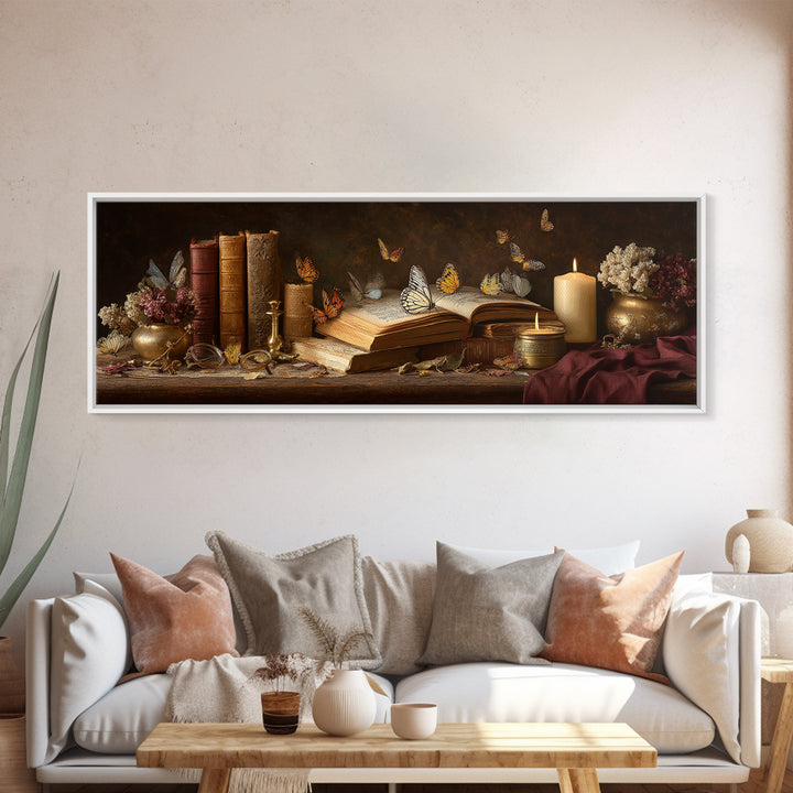 Open Book Releasing Painted Butterflies Framed Canvas Print, Bookstore Art, Wall Decor, Bookstore Decor, Fine Art, Literary, BOO-3x1-44