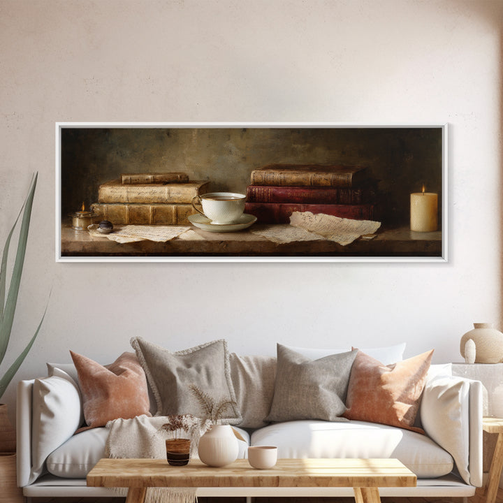 Teacup Beside a Worn Leather Bound Book Framed Canvas Print, Bookstore Art, Home Decor, Bookstore Decor, Fine Art, Literary, BOO-3x1-72