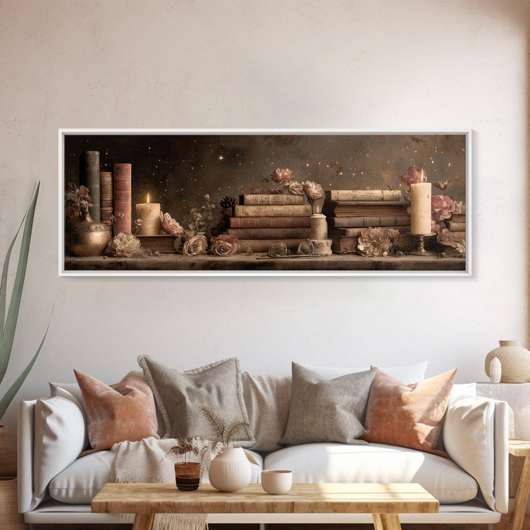 Moonlit Book with Tiny Stars Rising Canvas Print, Bookstore Art, Autumn Decor, Bookstore Decor, Literary, Statement Artwork, BOO-3x1-8