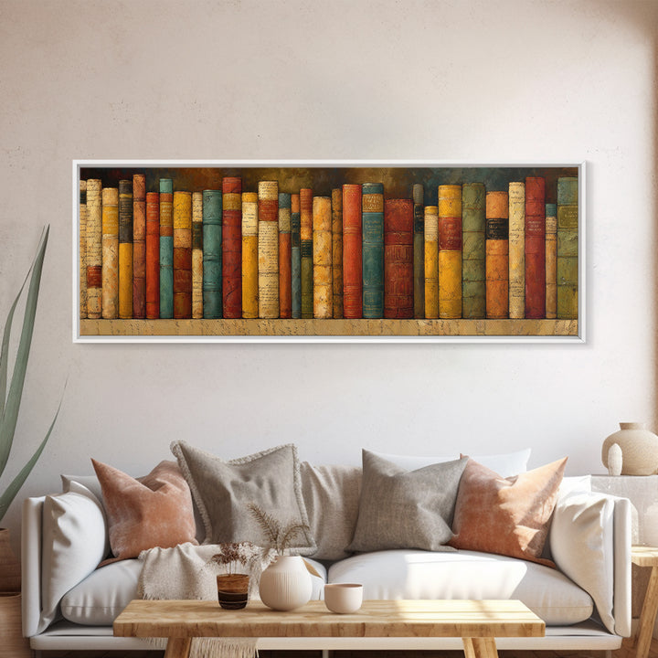 Classic Book Spine Pattern Framed Canvas Print, Bookstore Art, Printable Wall Art, Bookstore Decor, Fine Art, Literary, BOO-3x1-84
