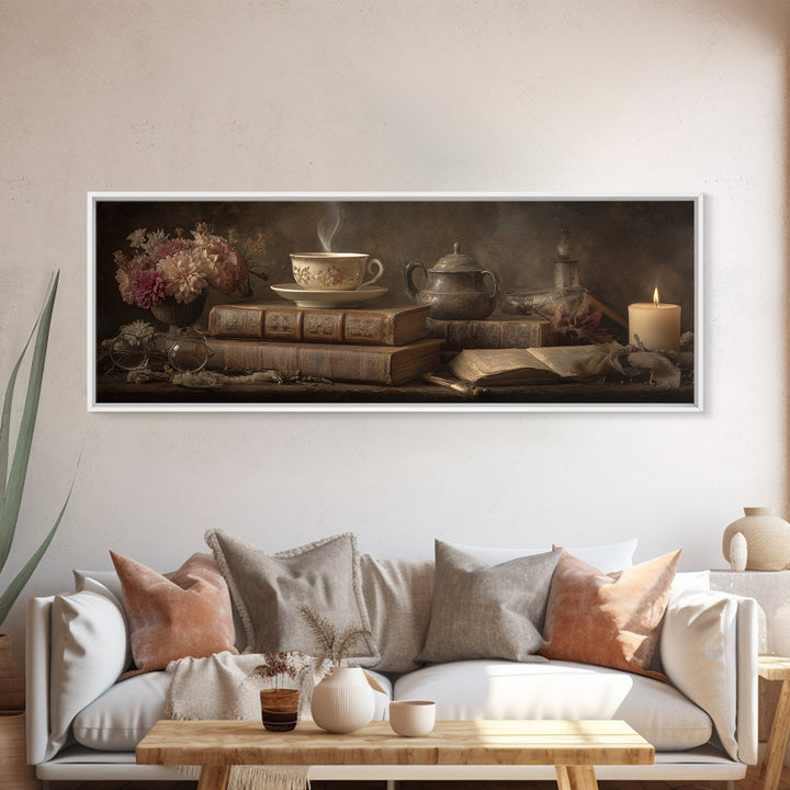 Teacup Beside a Worn Leather Bound Book Canvas Print, Bookstore Art, Wall Decor, Bookstore Decor, Fine Art, Literary, BOO-3x1-96