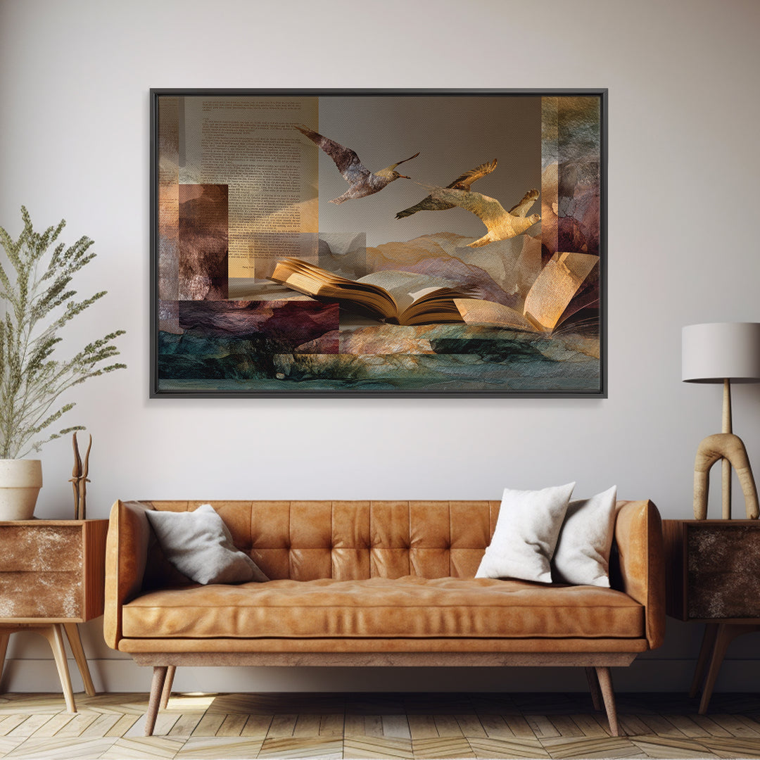 Flying Pages Transforming into Birds Canvas Print, Bookstore Art, Office Art, Bookstore Decor, Literary, Pastel Wall Art, BOO-3x2-17