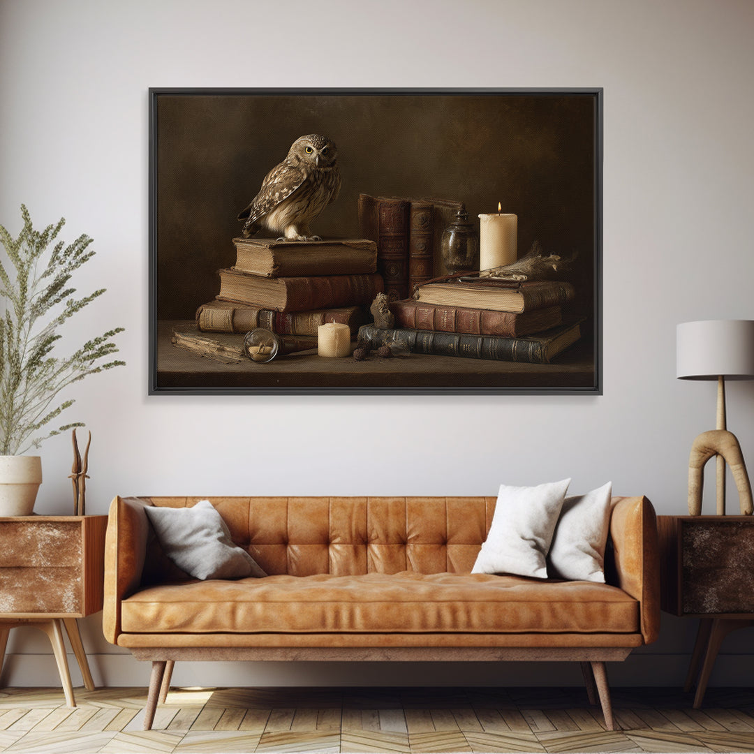 Owl Perched on a Stack of Classics Canvas Print, Bookstore Art, Book Wall Art, Bookstore Decor, Oil Painting, Literary, BOO-3x2-37
