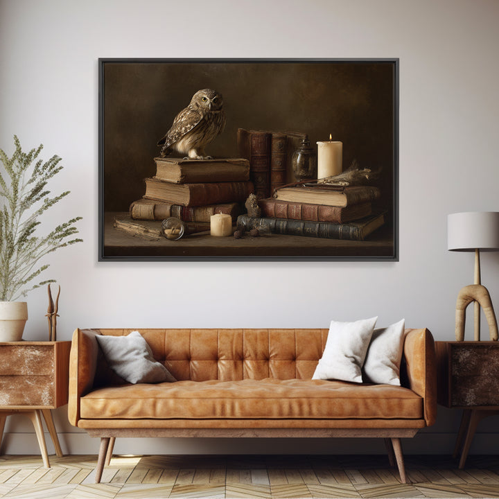 Owl Perched on a Stack of Classics Canvas Print, Bookstore Art, Book Wall Art, Bookstore Decor, Oil Painting, Literary, BOO-3x2-37