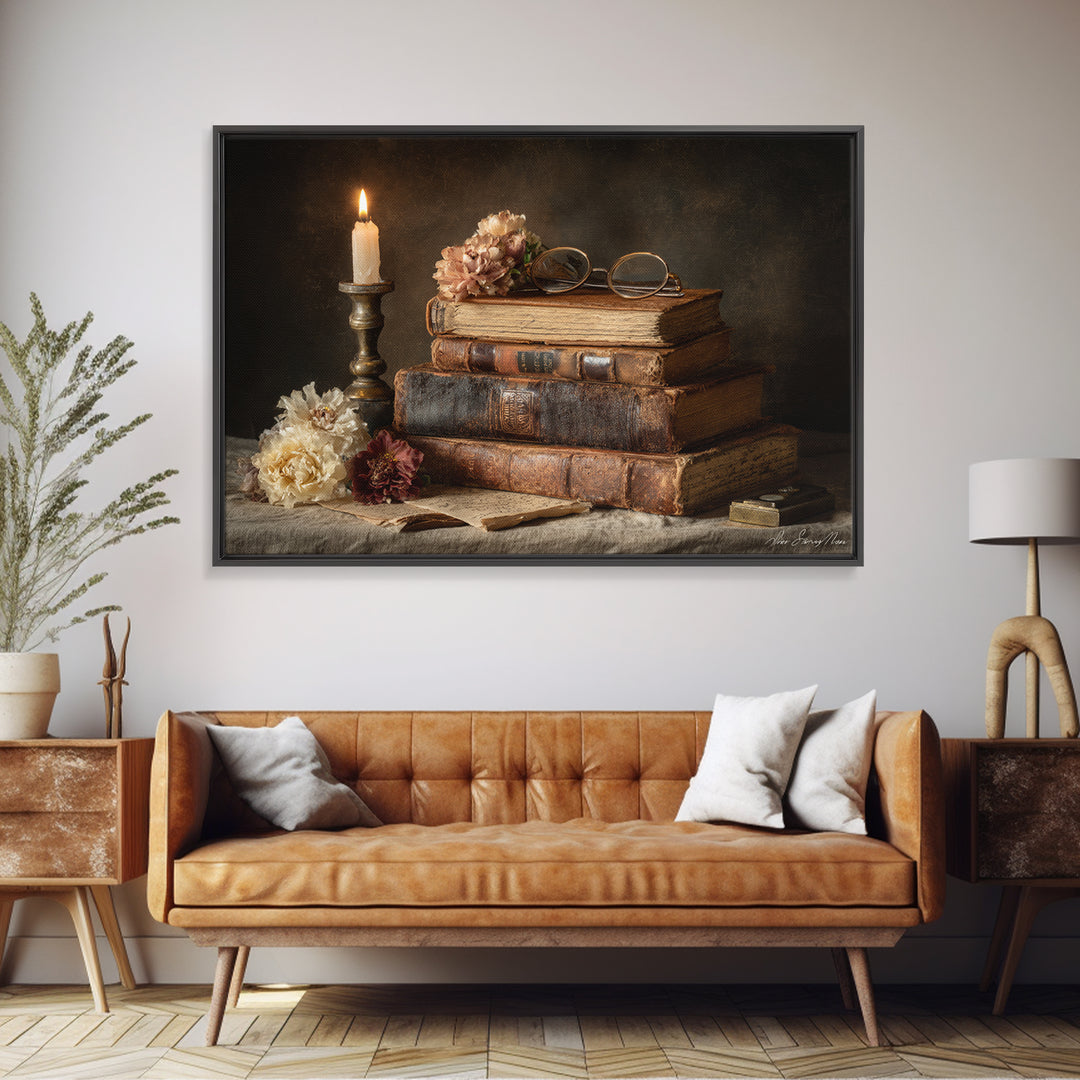 Dark Academia Candle and Book Still Life Canvas Print, Bookstore Art, Vertical Wall Art, Bookstore Decor, Fine Art, Literary, BOO-3x2-62