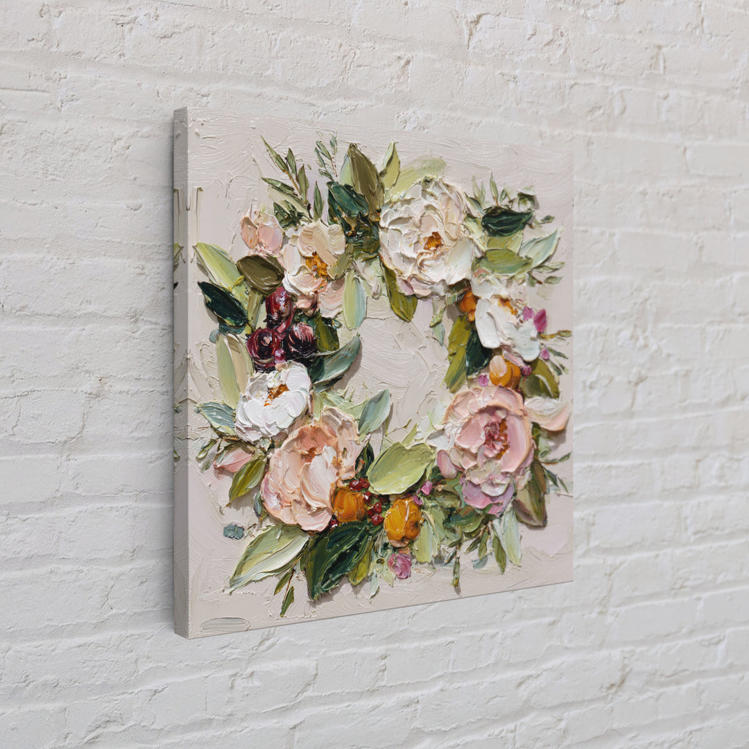 Botanical Wreath with Leaves Berries and Flowers Canvas Print, Botanical Art, Boho Wall Art, Living Room Decor, Botanic, BOT-1x1-24