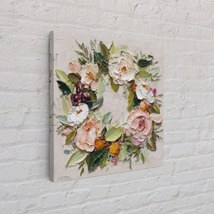 Botanical Wreath with Leaves Berries and Flowers Canvas Print, Botanical Art, Boho Wall Art, Living Room Decor, Botanic, BOT-1x1-24