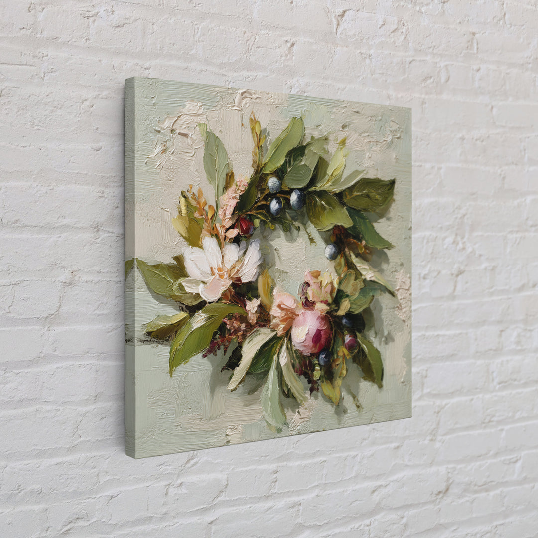 Botanical Wreath with Leaves Berries and Flowers Framed Canvas Print, Botanical Art, Art Print, Living Room Decor, Botanic, BOT-1x1-96