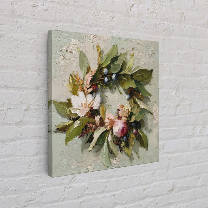 Botanical Wreath with Leaves Berries and Flowers Framed Canvas Print, Botanical Art, Art Print, Living Room Decor, Botanic, BOT-1x1-96