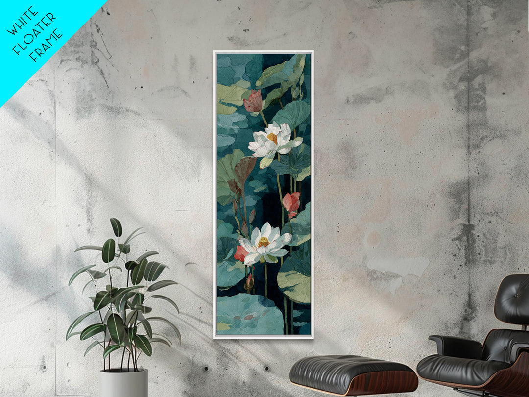 Lotus Flower and Lily Pads on Still Framed Canvas Print, Botanical Art, Sage Green Wall Art, Living Room Decor, Oil Painting, BOT-1x3-79
