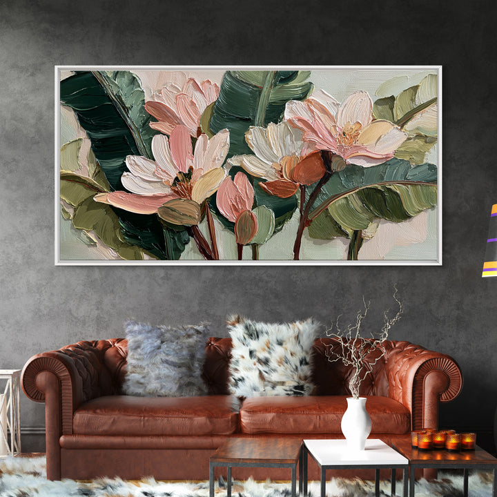 Tropical Banana Leaf Painted Framed Canvas Print, Botanical Art, Whimsical Decor, Living Room Decor, Oil Painting, Botanic, BOT-2x1-100